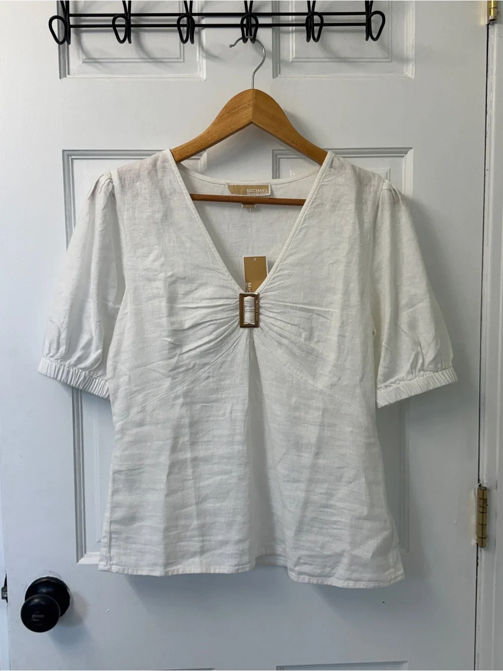 MICHAEL Michael Kors Linen Blend Buckle Puff Sleeve Blouse White S NWT
